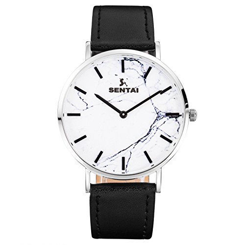 Men's Leather Wrist Watch, Sentai Ultra Thin Stainless Steel Quartz Black Leather Watch, Simplicity Business Casual Watch for Men 50M Waterproof