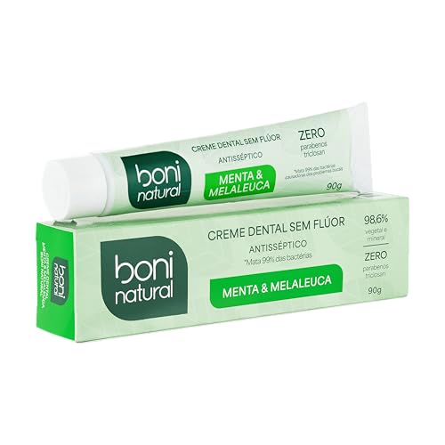 BONI NATURAL - Creme Dental com óleos naturais de Menta e Melaleuca Vegano e Natural, Sem Flúor, Sem Triclosan, 90g