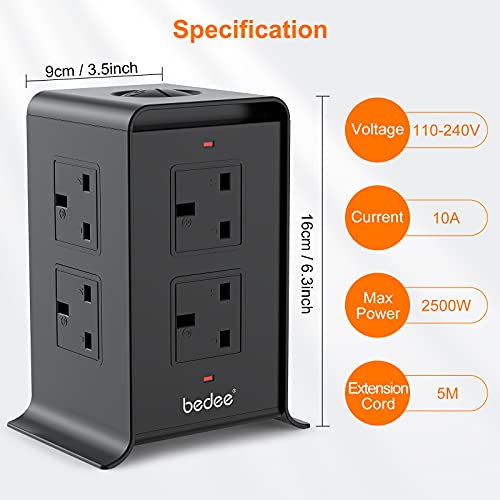 bedee Tower Power Strip Extension Cord, 8 Way Outlets 4 USB Ports Tower Extension Lead with Surge Protection Overload Protection
