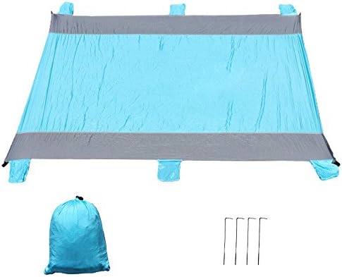 Beach Blanket - Sand Proof Compact Lightweight Portable Large Waterproof Parachute Nylon Beach Mat, Oversized 10’x9’, Includes 4 Aluminium stakes