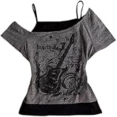Emo Grunge Shirts Women 2000s Graphic Baby Tees Fake Two Piece Short Sleeve Vintage Y2k Crop Top Goth Alt Clothes