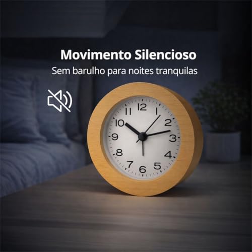 Relógio de Mesa Analógico de Madeira Redondo Decorativo Silencioso 11cm Design Decorativo Sem Tique-Taque Com Led Escritório