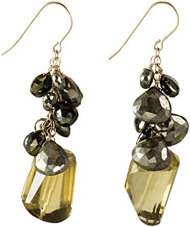 Smokey Quartz Dangle Earrings With Gold and Bronze Pyrite Clusters on 14k Gold Filled French Earwire