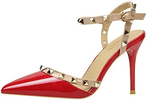 Xianshu Womens Shallow Mouth Pointed Toe Rivet High Heel Shoes Ankle Strap Buckle Court Shoes Sandals