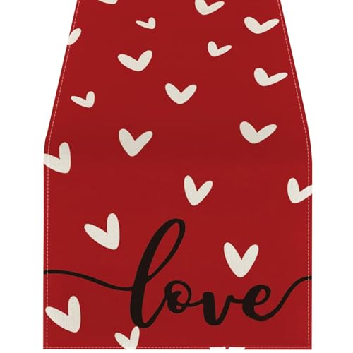 Valentines Table Runners With Red Heart Love, Table Runner, 120x33 Cm Linen Table Cloth,For Valentine'S Day Party Decor, Wedding Anniversary Birthday Decor Holiday Home Decorations (D)