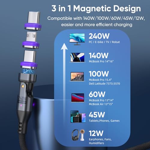 KASTWAVE 240W Magnetic Charging Cable, 180°Rotating USBC to USB C Magnetic Data Cable, Micro USB Magnetic Phone Fast Charger Cable Data Transfer for Laptop/Tablet/Smart phone (6ft)
