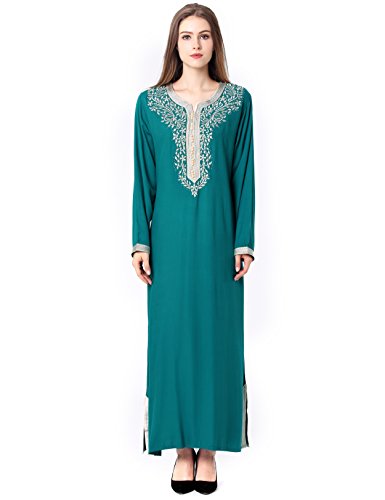 Muslim Kaftan Dubai Long Sleeve Dress With Embroidery For Women Islamic Clothing Gown Abaya Girls,Medium,Green