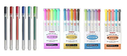 Muji Gel Ink Ballpoint Pens 0.38mm 6 colors Set & Zebra MILDLINER (5-Color Set)4 packs with Original Sticky Notes