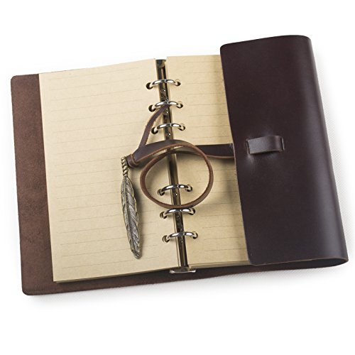 Ancicraft Vintage Soft Genuine Leather Journal Diary Notebook Refillable with Feather 6-ring Binder Lined Craft Paper A6 (Dark coffee with feather) - Thumbnail 6
