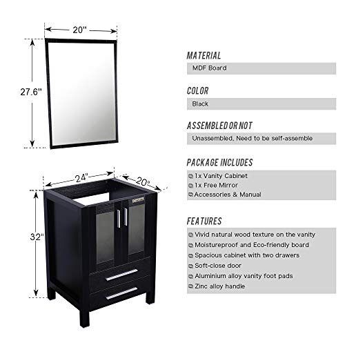 U-Eway 24" Bathroom Vanity with Ceramic Undermount Vessel Sink Combo,Chrome Faucet Drain with Overflow,Bathroom Cabinet with Mirror,2 Drawers,20-inch Deep Cabinet &1.5 GPM 30% Water Saving Faucet