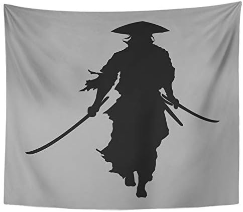 SSKBJTBDW Warrior Samurai Silhouette Japanese Ancient Battle Oriental Pose Sword Tattoo Tapestry Soft Polyester Cotton Appropriate Size Nice Wall Hanging Decoration