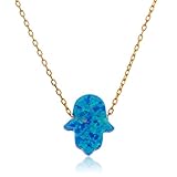 Sterling Silver Light Blue Created Opal Hamsa Pendant with an 18 Inch Link Necklace - Rhodium or Goldtone
