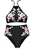 SEASELFIE Women's High Neck Scalloped Swimsuits 2 Piece Halter Floral Bikini Bathing Suits with High Waisted Bottom