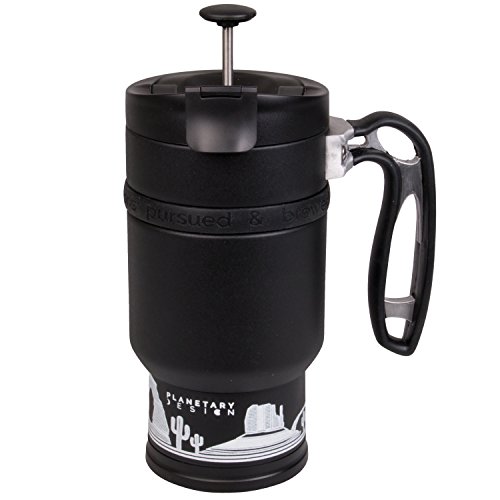 BruTrek Double Shot 3.0 Travel French Press Coffee Mug - Bru-Stop Insulated Stainless Steel Mug with Non-Slip Grip, Obsidian, 16 oz Cup