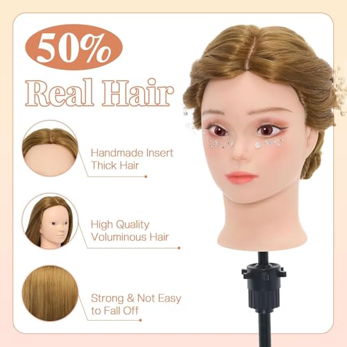 Neverland Hairdressing Head 24 Inches 50% Real Hair Styling Head Mannequin Mannequin Doll for Hairdressing with Stand + DIY Styling Accessories | Hairdressing Mannequin Head with Table Stand and Hair Braids Set