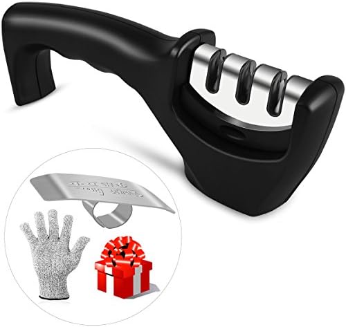 Knife Sharpener, WEIO [UPGRADED 2018] Professional 3-Stage Kitchen Knife Sharpener for Straight Tungsten Diamond Ceramic Knives and Scissors with Cut Resistant Glove and Finger Guard