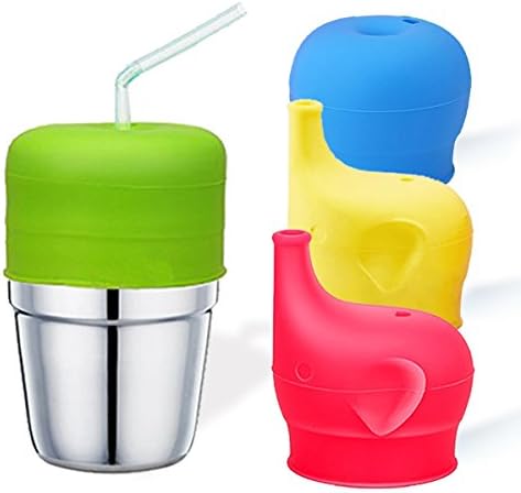 TASUCY Silicone Sippy Cup Lids, Make Any Cup Spill-Proof Training Cup or Bottle, BPA Free, Leak Proof for Babies Toddlers and Kids (2 Pack Straw lids + 2 Pack Elephant Spout Lids) (4PCS)
