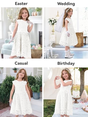 ALLOVIN Pizzo Senza Maniche a Linea A per Bambine e Toddler, Festa, Compleanno, Matrimonio e damigella con fiocco con perline, 2-12 Years