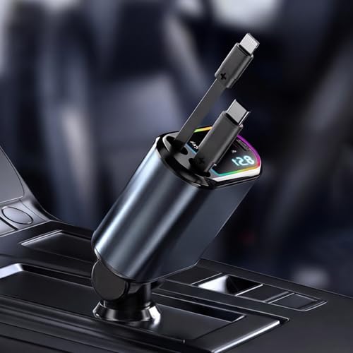 Carregador Veicular Premium Retrátil 4 em 1 | Carregamento Turbo 120W com Cabos Integrados | USB e USB-C | Tela LED Digital | Compatível com Android e iPhone | 12V/24V