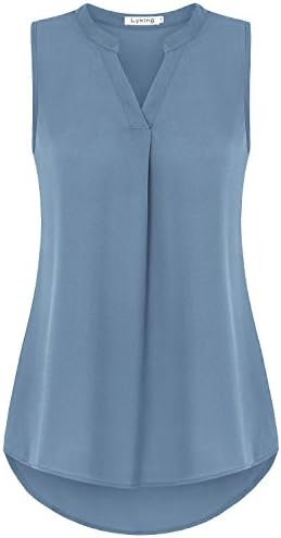 Lyking Women's Henley V Neck Sleeveless Curved Hem Chiffon Blouse Shirts Tank Tops (XL, Grey Blue)