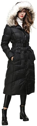 BLDO Women's Long Thickened Fur Hooded Down Jacket With Sashes (XL, Black)