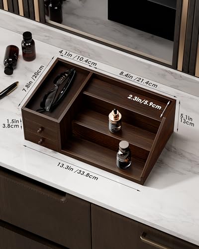 ProCase Wooden Cologne Organizer for Men, 3-Tier Elevated Wood Perfume Storage Display Shelf with Drawers, Dresser Storage Stand Riser for Fragrance Skin Care, Gift for Boys Men Dad Husband (Brown)