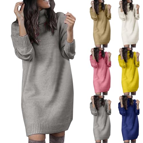 Turtleneck Long Jumpers Dresses for Women,Oversized Knit Jumper Dress Ladies Solid-High Neck Thick Fitted Plain Sweater for Women Pullover Sweaters Pullovers Streetwear Ladies Fall Sweatshirt Grey