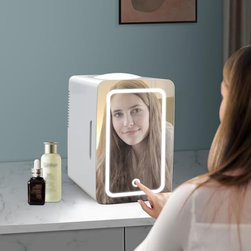 NIUB Mini Fridge 12L for Bedroom, Skincare Fridge, Mirrored Door with Dimmable LED Light, Thermoelectric Cooler and Warmer Compact Refrigerators for Makeup, Food, Office and Car (12L)