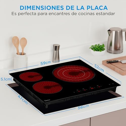Placa Vitroceramica 3 fuegos 6200 W - Vitroceramica Integrada con Panel de control tactil, Indicador de Luz, Temporizador, Child lock y Protección por Sobrecalentamiento