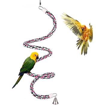 Aigou Bird Spiral Rope Perch, Cotton Parrot Swing Climbing Standing Toys with Bell (Medium - 65 inch)