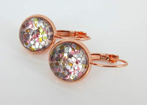 Rose Gold-tone Pearly Silver and 5 Metal Glitter Glass Drop Earrings Hand-painted