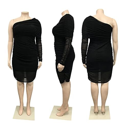 Women's Plus Size Bodycon Dress With Bell Sleeves - Mesh Ruched Mini Dress For Party, Club - View #12