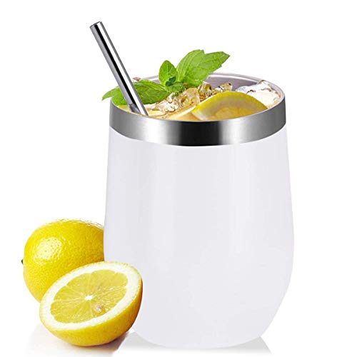 4 Pack 12 oz Stemless Wine Tumbler Glasses/Mug with Lid and Straw, Personalized Stainless Steel Insulated Wine Tumbler by BYkooc, Unbreakable Double Wall Vacuum Cup for Wine, Coffee, White - Thumbnail 5