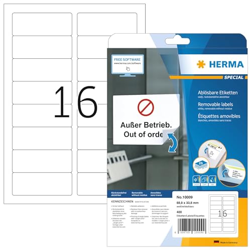 Herma 10009 Étiquettes movables/amovibles 88,9 x 33,8 A4 400 pièces Blanc