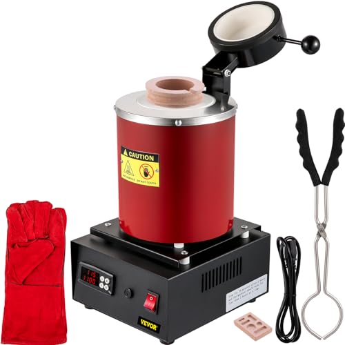 VEVOR Horno de Fusion de Oro, Temperatura Maxima de 1150 ℃, Horno de Fusion Electrico Digital con Crisol Ceramico de 3 kg, Matriz de Lingote y Guantes, para Procesar Oro/Plata/Cobre/Aluminio, Rojo