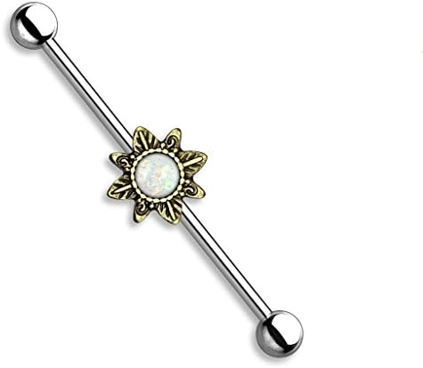 TrybeLife Industrial Barbell with Simulatd Opal Centered in Tribal Sunburst (Antique Gold)