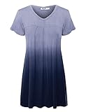 LL WT1085 Womens Dip Dye V Neck Short Sleeve Pleats Tunic Top L NAVY