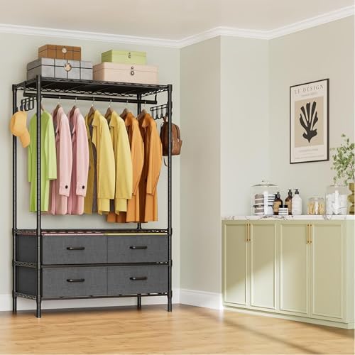 Estante de Ropa,Perchero de Pie Armario,Burro Ropa,Armario de Metal con Estantes Ajustables,con 4 cajones extraíbles,Perchero de Ropa Resistente,Organizador Metálico Independiente para Closet