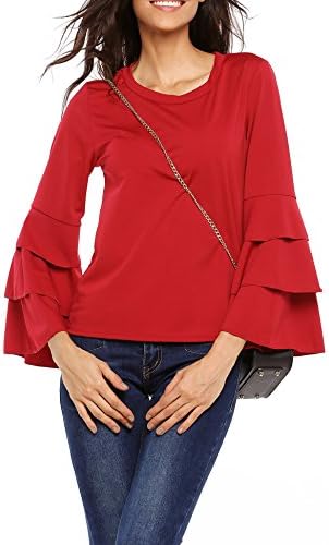 Vansop Women Round Neck Layered Ruffle Long Sleeve Solid T-Shirt