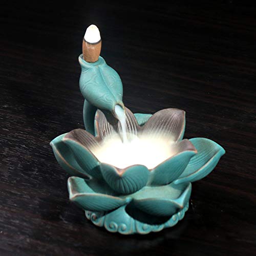 THE NEON LIGHT LED Lotus Incense Burner Backflow Incense Holder Aroma Smoke Waterfall Fountain Censer Home Decor + 10pcs Incense Cones