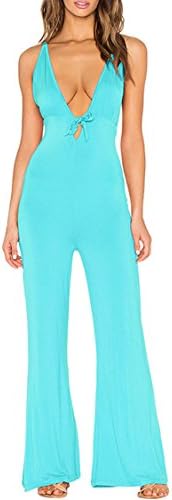 Rokiney Women Straps Deep V Neck Open Back Bell Bottom Pants Romper XL Turquoise