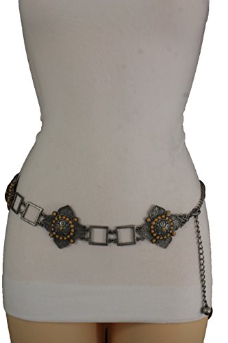 TFJ Women Ethnic Belt Hip Waist Vintage Antique Silver Metal Flower Charms S M L