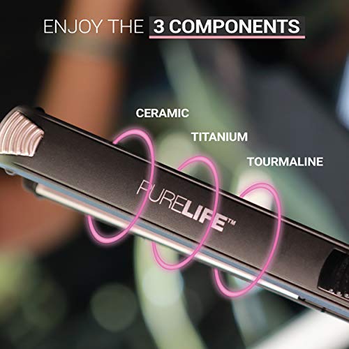 Hair Straightener by PureLife | 1 Inch Professional Tourmaline, Ceramic & Titanium Flat Iron | 8 Pc Set: Hair Brush, Heat Resistant Glove, Silicone Mat, 2 Hair Clips, Tail Salon Comb & Travel Pouch
