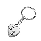 HooAMI Dog Paw Print on Heart Silver Pet Cremation Urn Keepsake Stainless Steel Keychains
