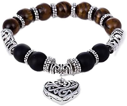 MIKINI Set of 2 Bracelets - 7 Chakra Stones Bracelet with Silver Heart Charm for Women (Tiger Eye Stone - 2pcs)
