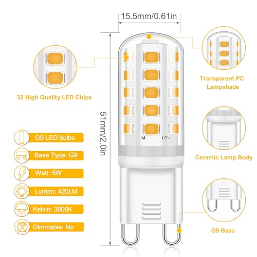 LED Light Bulbs G9 Warm White 3000K, 5W Equivalent 40W Halogen Bulb, Non-Dimmable, 360° Beam Angle, No Flicker G9 LED Lamps, AC 220-240V, (Pack of 5)