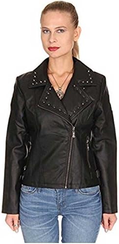 Vegan Leather Ladies Crossover Collar Jacket with Spike Studs