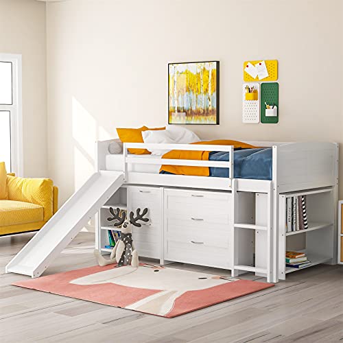 Low Loft Bed with Slide and Storage Twin Loft Bed Frame with