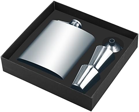 Stainless Steel Flask Funnel Set, Tatuer 7 oz Whiskey Flask Vodka Alcohol Flask, Hip Flask, Flask For Men, Flask with 2 Camping Cup + Funnel For Ski Travel Climbing Fishing Camping 196ml Silver