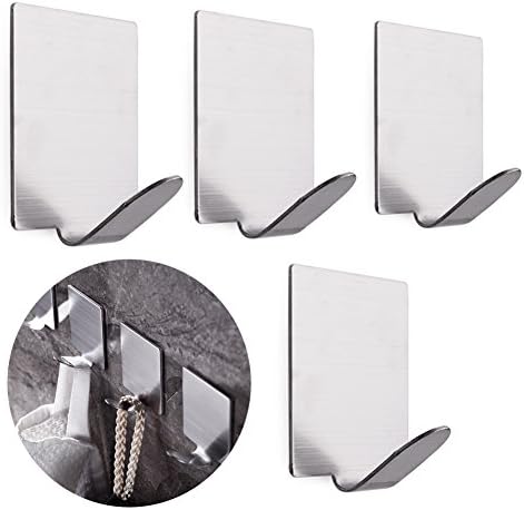 Bathroom Self Adhesive Hook for Towel and Robe , Brushed Stainless Steel Kitchen Bathroom Waterproof Reusable Stainless Steel Wall Mount No Drill 1 Pack of 4